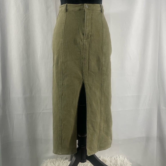 Edit by nine olive,army green stretch denim midi skirt with front slit,Large - Picture 9 of 9